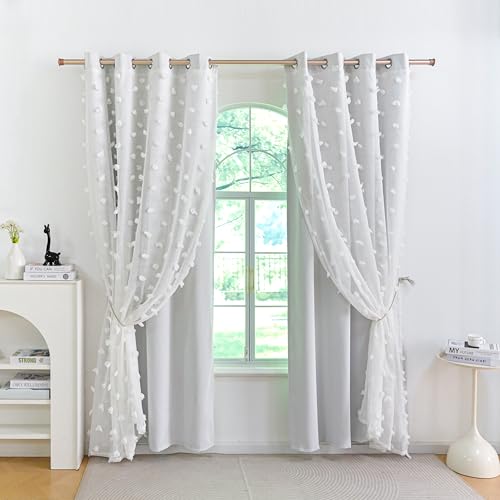 Image of Graylish White Pom Pom Curtains for Nursery Bedroom 52x54 Inch | Soft Boho Room Darkening Drapes, Grommet Privacy Double Layer Curtains for Living Room, Girls &Toddler room Decor, 2 Panels