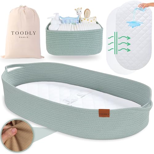 Image of Baby Changing Basket with Diaper Caddy - Sage Green Moses Basket for Babies - Cotton Rope Diaper Changing Basket - Baby Diaper Changing Pad for Dresser - Changing Table Topper for Dresser - Toodly
