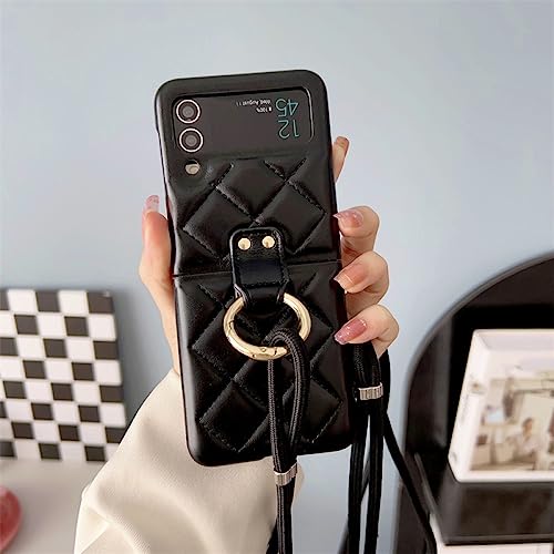 Coque Samsung Galaxy Z Flip 4 5G étui cuir bandoulière anneau noir ZFlip3