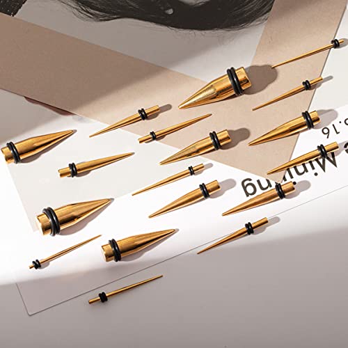 Cabbe Kallo 14G-00G 36 Pcs Ear Stretching Kit Stainless Steel Tapers Screw Fit Spiral Tunnels Plugs Set Piercing Body Jewelry, Gold Tone #TOP4