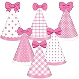 Justforjoyful 24pcs Pink Cat Party Hats Bow Birthday Party Supplies Cartoon Cute Cone Hats Pink Cat Stripe Dot Paper Hat with Elastic String for Girls Baby Shower Bridal Shower Decorations