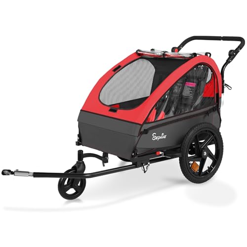 Image of Sepnine Kids Bike Trailer, 2 in1 Canopy Carrier Converts to Stroller Suitable for 1 to 2 Kids, 12+ Months, Quick Attach to Bike, Foldable, with 5-Point Harness and Storage Bags