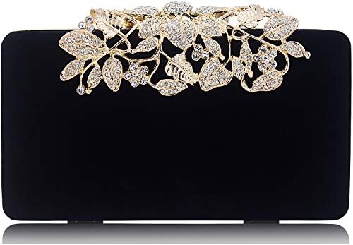 MagicLove Womens Evening Bag with Rhinestone Crystal Flower Closure Velvet Clutch Purse for Wedding Party Black