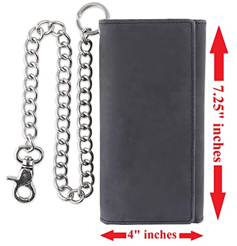 Image of F&L CLASSIC Chain Wallets for Men buffalo premium leather RFID blocking long style Tri-fold for Trucker, bikers, black buffalo