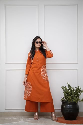 Image of GoSriKi Cotton Blend Embroidered A-Line Kurta with Palazzo for Women | Cotton Blend Orange | 3 /4 Sleeve | Mandarin Collar | Ethnic Wear Casual Wear