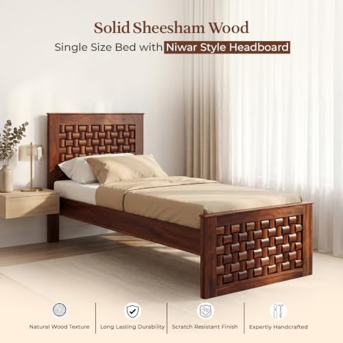 Image of WOODLAB Furniture Sheesham Wood Single Size Bed Without Storage and with Niwar Style Headboard | Wooden Single Cot Bed Palang for Home Living Room Bedroom and Hotel (Honey Finish)