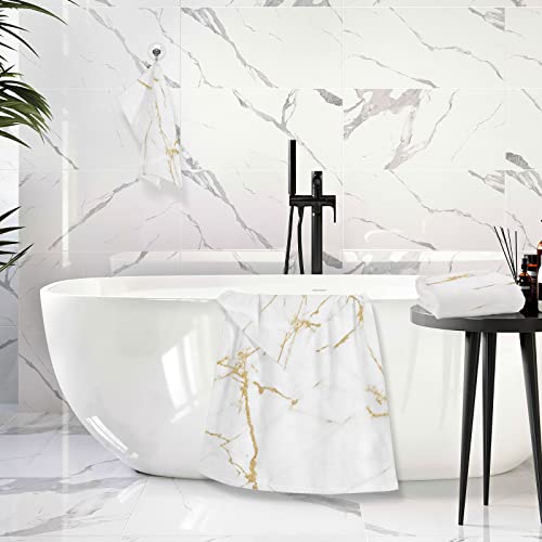 White Gold Marble Texture Bath Towels Highly Absorbent Cotton Towels Set Of 2, Premium Spa & Hotel Quality Quick Dry Towel Set 54 X 27 Inches #TOP5