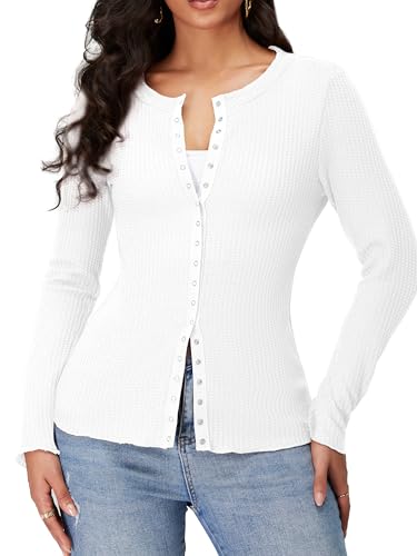 Albe Rita Waffle Cardigan Sweater Shirts for Women Lightweight Button Down Long Sleeve Crew Neck Knit Swater Tops4