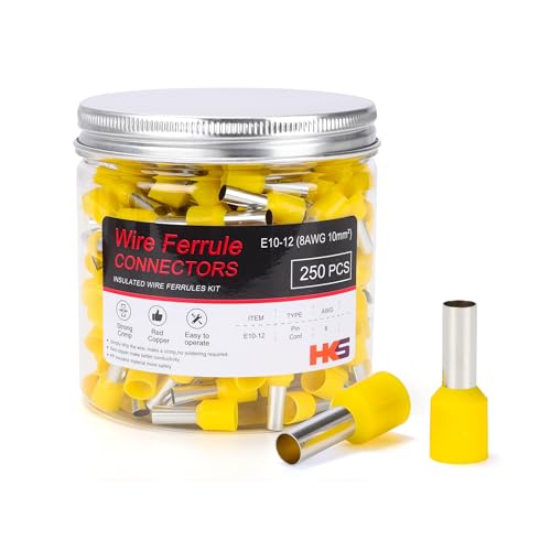 HKS 250PCS Wire Ferrule Connectors - AWG 8-10.0mm² Copper Barrel Pin Cord Ends Insulated Ferrules Terminals - E10-12 Yellow