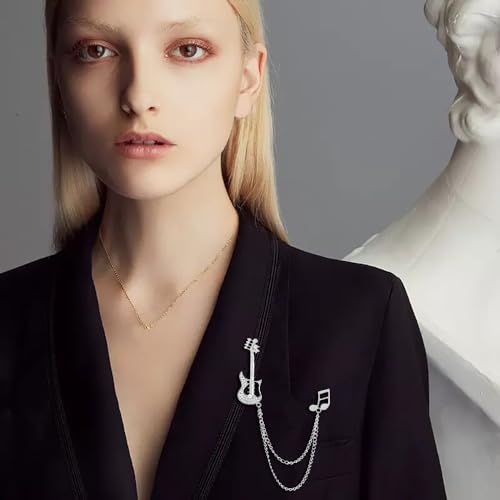 Image of Fashion Guitar Long Chain Lapel Brooch Pin with Music Note Rhinestone Musical Instrument Tassel Pins for Women Girls Men Suit Sweater Coat Jacket Backpack Brooches Pins Musician Party Clothes Accessories Jewelry Gifts