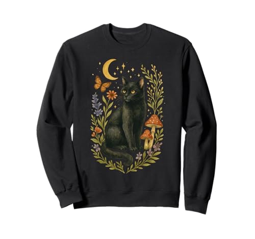 Gato Negro Místico Cottagecore Luna Setas Mariposa Sudadera