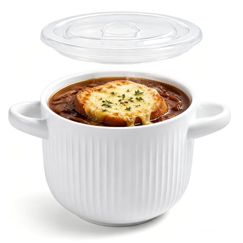 Hoilse Ceramic Soup Bowl with Handles and Lid, 24 oz French Onion Soup Crock, Oven Safe Bowl for Soup, Chili, Ramen, Pasta and Cereal, Microwave Dishwasher Safe - White