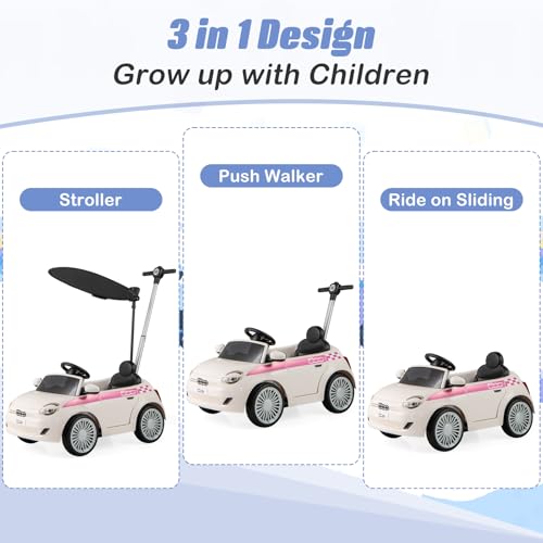 Image of OLAKIDS Push Car for Toddlers, 3 in 1 Licensed Fiat 500e Baby Sliding Walking with Parent Control Handle Adjustable Canopy Footrest, Kids Ride on Toys with Horn for Boys Girls (White)