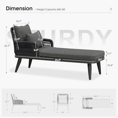 Image of PURPLE LEAF Patio Chaise Lounge Chair with 2 Pillows Cushion Aluminum Grey