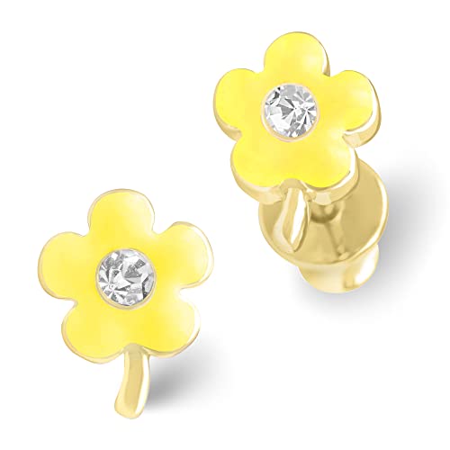 Gold Plated Sterling Silver Cubic Zirconia Enamel Pastel Light Yellow Stem Flower Stud Earrings For Girls (7Mm X 5.4Mm X 1.5Mm) #TOP25
