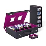 VAULTIS Trading Card Storage Box 3900+ with Portable Handle & Alloy Lock, 5-Row MTG Deck Box with Removable Dice Tray, Commander Display Card Case for Toploader TCG PTCG Sports Cards (Black&Purple)