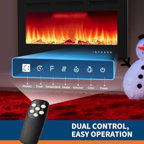 40 Inch Recessed & Wall Mounted Electric Fireplace - Low Noise Heater (750/1500w) with Remote Control, Touch Screen, Timer & Adjustable Flame Color/Brightness for Living Room Bedroom - Image 3