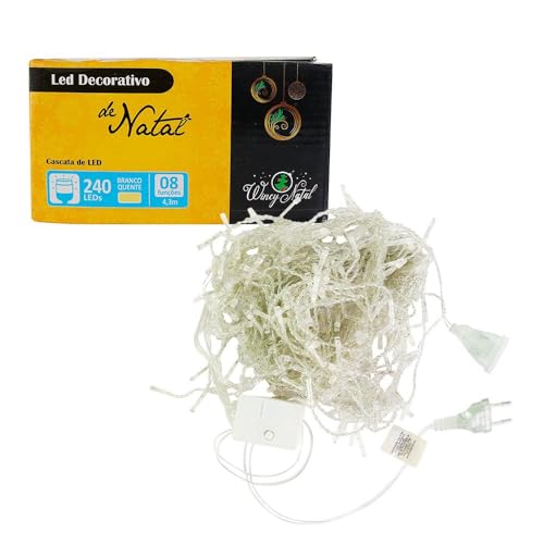 Cascata LED de Natal Festas 127V - 4,3m com 240 LEDs Branco Quente Natalino 8 Funções Fio Transparen