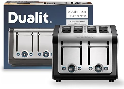 Dualit 46505 Architect 4 Slice Toaster | Brushed Stainless Steel with Black Trim | Extra-Wide Slots  Peek and Pop Function  Patented Perfect Toast Technology  Matching Kettle and Sandwich Cage Available