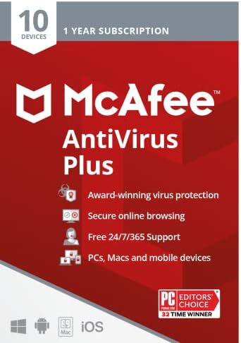 [Old Version] McAfee AntiVirus Protection Plus 2022 | 10 Device | Internet Security Software | Windows/Mac/Android/iOS | 1 Year Subscription | Key Card