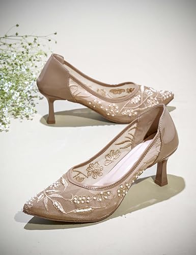 Image of TRYME Floral Embroidered Stiletto Heels for Women | Elegant Mesh High Heels with Stylish Feminine Design