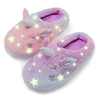 ACTLATI Kids Girls Rainbow Fuzzy Slippers Unicorn Star Glow in the Dark Plush Fleece Warm Indoor House Slippers with Anti Slip Soles