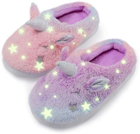 ACTLATI Kids Girls Rainbow Fuzzy Slippers Unicorn Star Glow in th...
