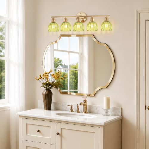 Image of Bathroom Light Fixtures, 5-Light Brushed Gold Vanity Lights for Bathroom with Green Tulip Glass Shade, 30 inch Vintage Bathroom Vanity Lighting Fixtures Over Mirror for Bedroom Living Room Hallway