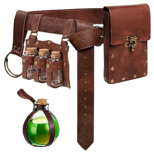 5 Pcs Renaissance Accessories Belt Pouch Waist Bag Belt Keyring Hook Wizard Potion Bottles Vials for Festival Cosplay Halloween Costume (Brown)