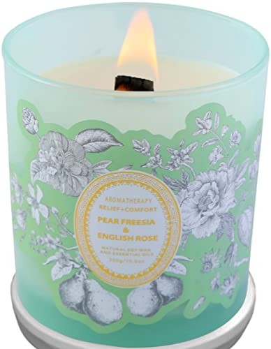Pear Freesia & English Rose Scented Candle | Highly Scented Candles For Home | Wood Wick Candles For Men & Women | Natural Soy Candles | Relaxing Aromatherapy Candle, Large Spring Candle Gifts 10.6 Oz #TOP4