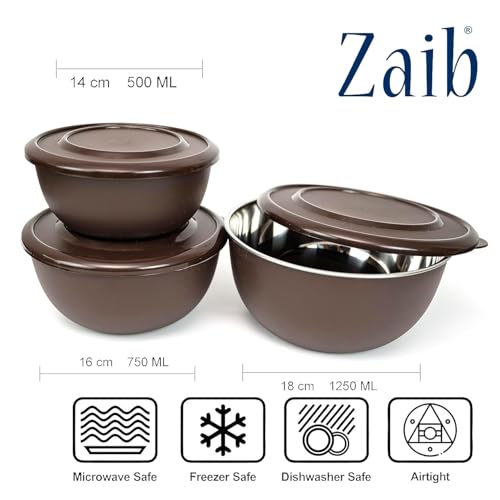 Image of Zaib Microwave Safe Stainless Steel Food Storage Container with Lid | Euro Mixing Bowl Set for Kitchen | 500ml, 800ml, 1250ml | Pack of 3 | Reheatable, Leak-Proof, BPA-Free (3 Classic Dark Brown)