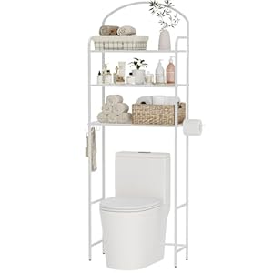 3-Tier Over The Toilet Storage, Bathroom Organizer, Space-Saving, Above Toilet Storage Rack with 4 Hooks and Paper Holder, Metal Shelf, White