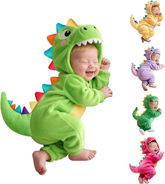 Baby Halloween Costume Toddler Dinosaur Costume Fuzzy Warm Dinosaur Dragon Hooded Romper Funny Cosplay Zip-Up Jumpsuit Fall Winter Animal Outfit Unisex 1-9 Months — image 1