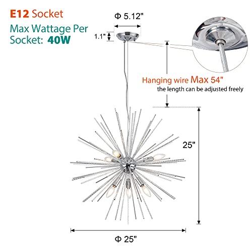 Mayna Sputnik Chandeliers 6-Light Starburst Chandelier Polished Chrome Firework Chandelier Mid Century Satellite Pendant Light For Living Room Dining Room Bedroom Kitchen,Dia 25",E12 Sockets #TOP3