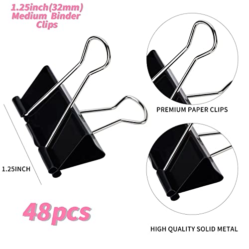 Medium Binder Clips And Paper Clips (48 Pcs) 1.25 Inch,Black Metal Medium Paper Clamps For Office, Home, School #TOP1