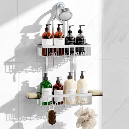Shower Caddy Hanging, Never Rust Shower Organizer Hanging, Aluminum Shower Racks for Inside Shower with Hooks for Razor, Bathroom Organizers and Storage with Soap Holder, Bright Silver