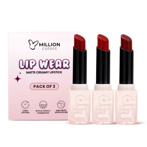 Image of Million Colors Lip Wear Creamy Matte Hydrating Lipstick Infused With Argan Oil, Shea Butter , Papaya Seed and Vitamin E| Highly Pigmented, Smudge-Proof and Creamy Matte Finish (The Red Carpet, Pack of 3)