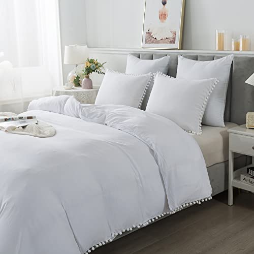 Caressma Pom Pom Fringe Duvet Cover Set King Size, Soft Washed Microfiber 3Pcs Bohemian Bedding Duvet Cover, All Season White Comforter Cover Set With Zipper Closure (1 Duvet Cover+2 Pillowcases) #TOP3
