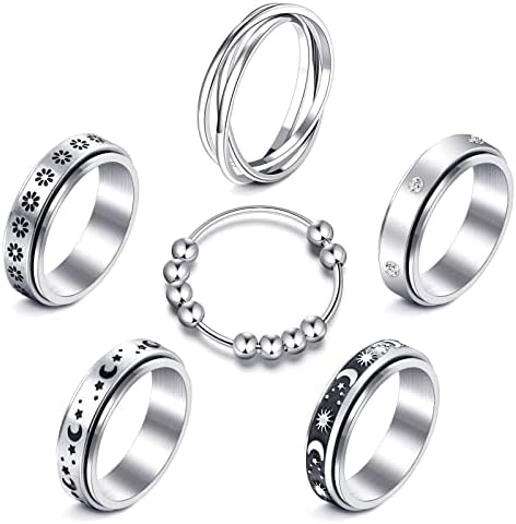 JewelryWe sieraden Fidget angst ring voor dames, retro maan en sterren, roestvrij staal, draaibaar, anti-stress band, bandring met gravure, zilver, Roestvrij staal