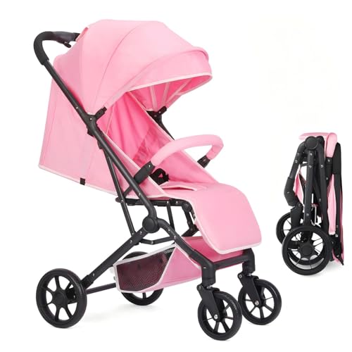 Cochecito de bebé plegable, cinturón de seguridad regulable de 5 puntos, plegable con una mano, capota grande, resistente amortiguado todas las 4 ruedas, asiento espacioso, cesta de la compra (rosa)