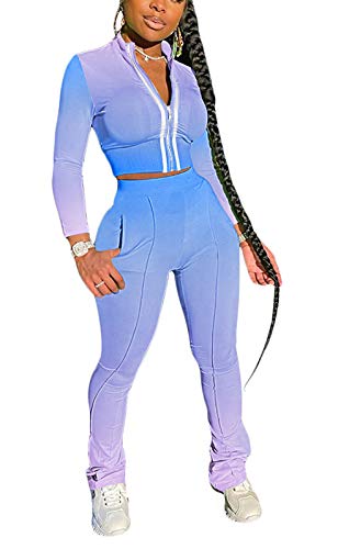 Women's 2 Piece Outfits - Tie Dye Gradient Stripe Patchwork Sweatsuits Long Sleeve Zipper Sweatshirt with Long Skinny Pants Tracksuit Set Sports Jumpsuit Blue, Small