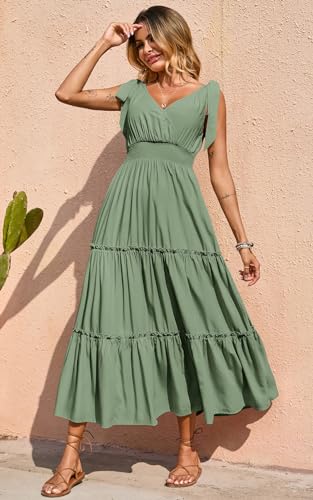 Image of PRETTYGARDEN Women's Cross Neck Summer Sleeveless Tiered Maxi Dress Beach Tie Strap Smocked Long Dresses Pleated Sundress