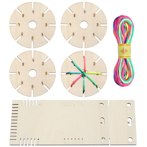 Weniubit - Kumihimo - Lot de 6 disques tressés en bois - Avec 4 disques ronds tressés - 2 carrés et cordon de 25 mm - Pour bracelets à faire soi-même, cadeaux d'anniversaire, festivals