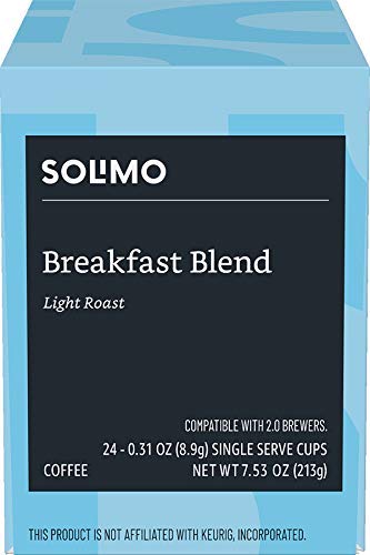 Image of Amazon Brand - Solimo Light Roast Coffee Pods, Breakfast Blend, Compatible with Keurig 2.0 K-Cup Brewers, 24 Count