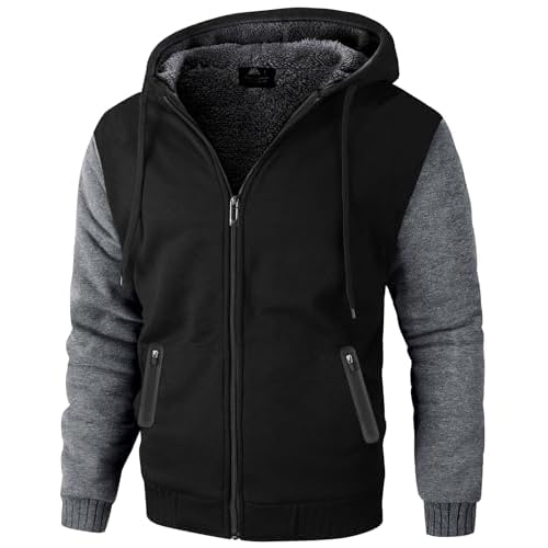 ZITY Men's Zip Up Hoodie Heavyweight Winter Sweatshirt Fleece Sherpa Lined Warm Jacket Black/Dark Gray Large