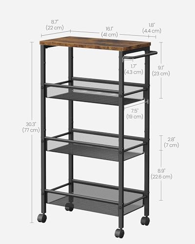 Image of VASAGLE Slim Rolling Cart, 4-Tier Storage Cart, Narrow Cart with Handle, 8.7 Inches Deep, Metal Frame, for Kitchen, Dining Room, Living Room, Home Office, Rustic Brown and Classic Black ULRC033B01