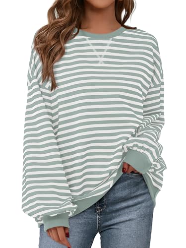 Image of PRETTYGARDEN Womens Striped Oversized Sweatshirt Color Block Crew Neck Long Sleeve Casual Loose Pullover Top Y2K Clothes