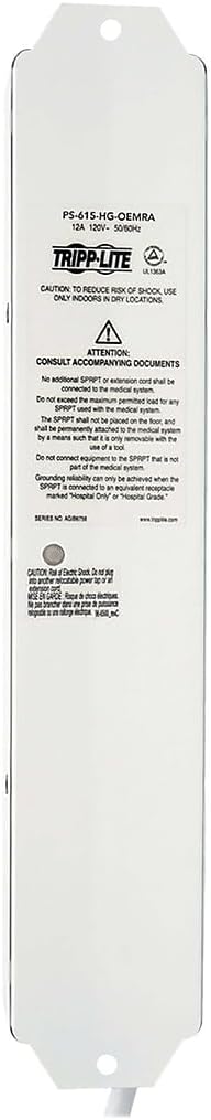 Tripp Lite Safe-IT Medical Grade Power Strip for Patient Care Vicinity, 6 Hospital-Grade Outlets, 120V, 15 ft. Right-Angle Cord, UL 1363A, White (PS-615-HG-OEMRA)