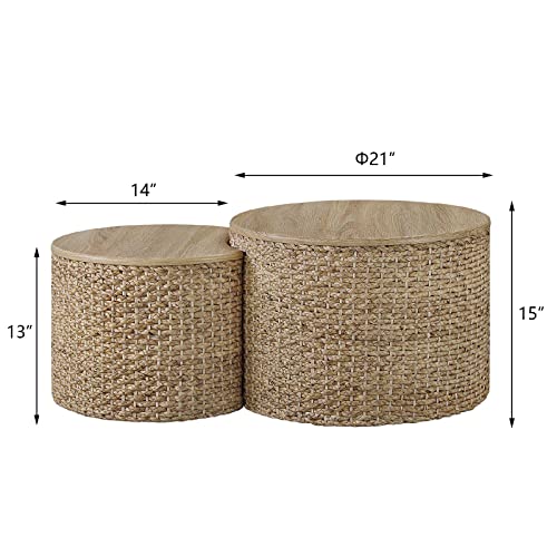 Giofanzo Nesting Coffee Table Set Of 2, Rustic Industrial Round Stacking With Hand Braid Weaving Appearance, No Assembly Required, For Living Room Bedroom Balcony Family Room Den Library #TOP1
