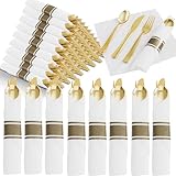 EI 120Pack Pre Rolled Gold Plastic Silverware,Wrapped Plastic Cutlery Set with Napkin,Disposable Silverware Set with Napkin, Gold Wrapped Silverware Perfect for Party/Birthday/Wedding